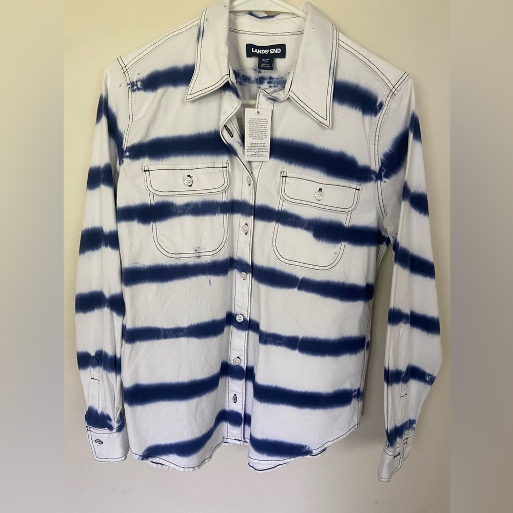 Lands' End Navy and White Casual Shirt